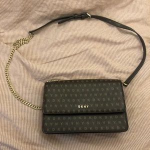 DKNY Cross Body Clutch Leather Brown Logo Print